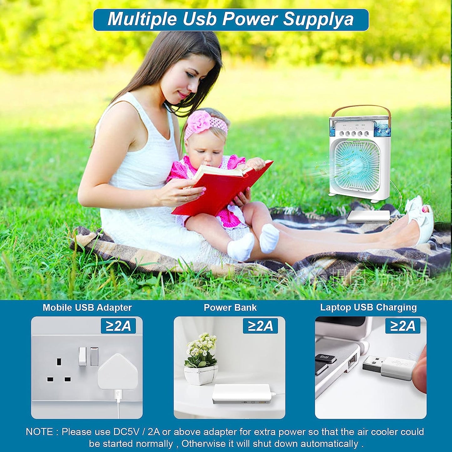 🌬️ Portable USB Air Conditioner Fan – 3-in-1 Cooling, Misting & Heating