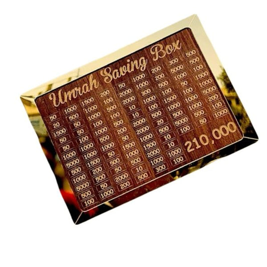 Umrah Saving Box Dark Brown, Wooden Money Box For Umrah – 210,000